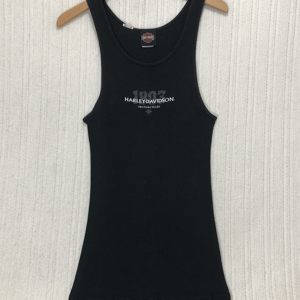 Vintage Y2K Harley Davidson Ribbed Tank Top Black Graphic Camo 1903 Biker Core